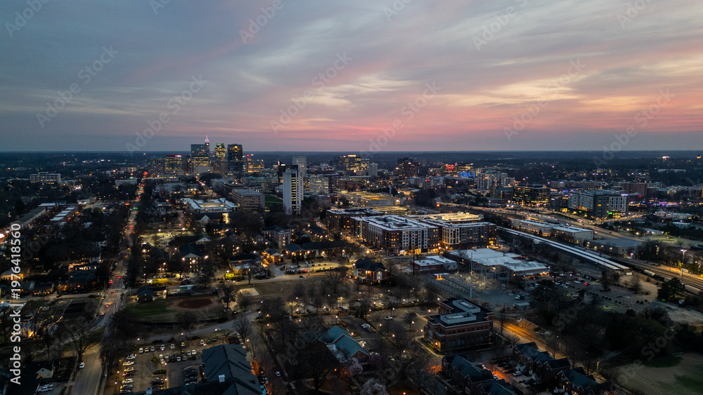 Fototapeta premium Aerial view of downtown Raleigh North Carolina at sunset 