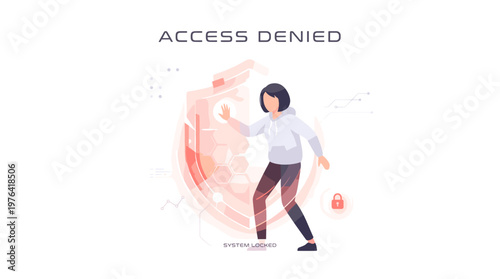 Cybersecurity barrier illustration A user encounters digital access denial, symbolizing restricted entry and data protection measures on a secure network