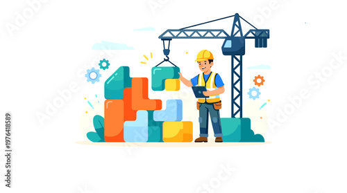 Construction worker assembling colorful blocks with crane in the background, symbolizing building and development projects