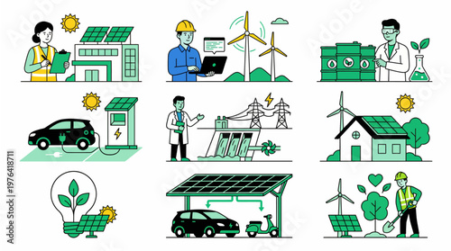 Eco friendly transportation and renewable energy icons for sustainable living and green technology