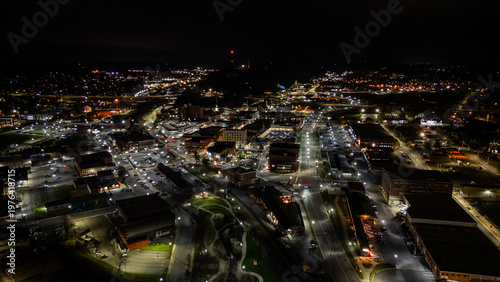 Small rural city at night with street lights 