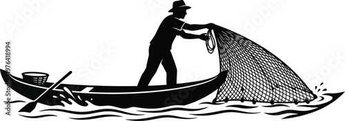 Fisherman casting a net from a boat on wavy water with a basket and oars