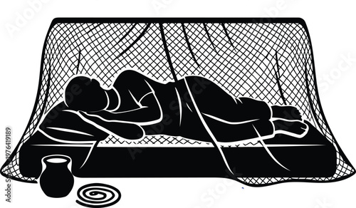Person sleeping peacefully under a mosquito net with a mosquito coil and pot