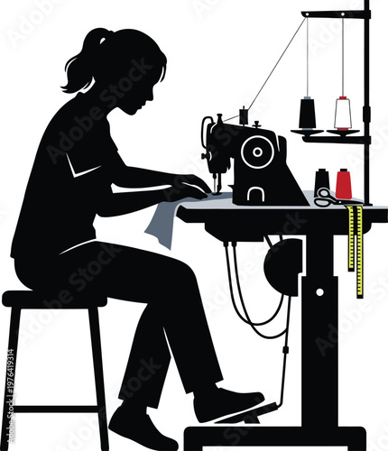 Silhouette of a woman operating a sewing machine with spools of thread and scissors on a white background