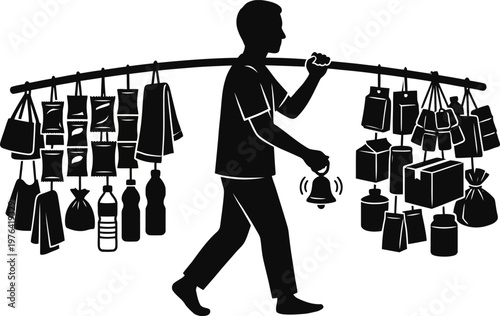 Silhouette of a vendor carrying goods on a pole and ringing a bell seller