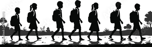 Silhouette of children walking in a line with backpacks through a landscape with trees and shadows on a