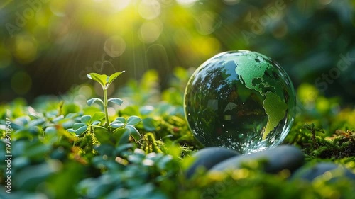 Sustainable development concept shows a green globe among plants in sunlight on a natural surface