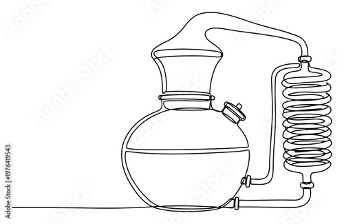 Continuous line drawing of a chemical distillation apparatus with a glass flask and spiral condenser coil