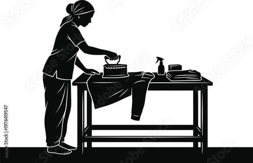 Woman Ironing Clothes Silhouette with Iron and Spray Bottle