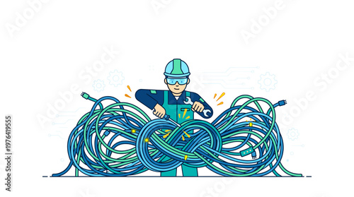 Skilled technician untangling a complex network of wires, symbolizing IT problem-solving, connectivity troubleshooting, and efficient data infrastructure management