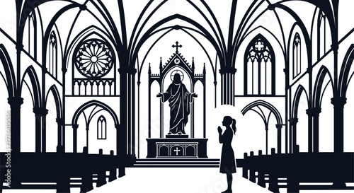 Woman Praying Before Jesus Statue Inside Grand Gothic Cathedral With Pews And Rose Window silhouette