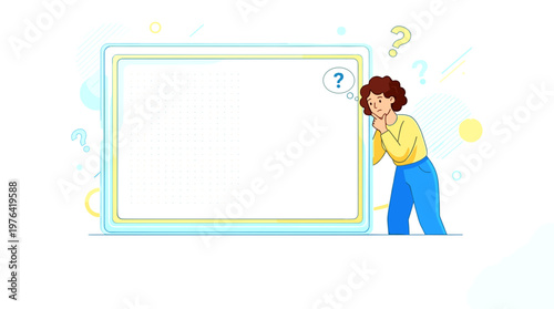 A person thoughtfully contemplating a blank board with question marks surrounding them, representing curiosity and inquiry