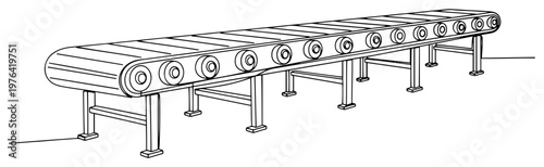Long industrial roller conveyor system for manufacturing line in minimalist continuous line art