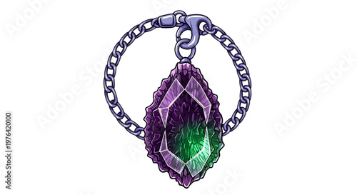 A vibrant purple and green crystal pendant suspended from a delicate chain, set against a clean white background.