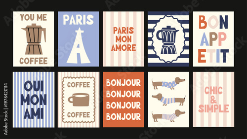 Modern French poster set with coffee cups, Paris vibes, cute dachshunds and playful lettering in trendy doodle cut style.
