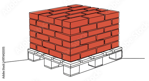 One continuous line drawing of red bricks stacked on a wooden pallet for construction and logistics