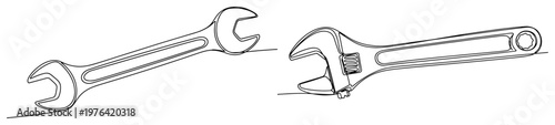 Continuous line drawing of an open end wrench and an adjustable wrench hand tools
