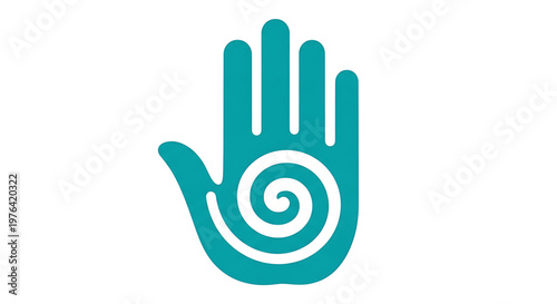 A teal hand icon with a white spiral design on a plain background