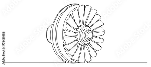Schilderij op canvas Single continuous line drawing of a mechanical turbine wheel or jet engine impel