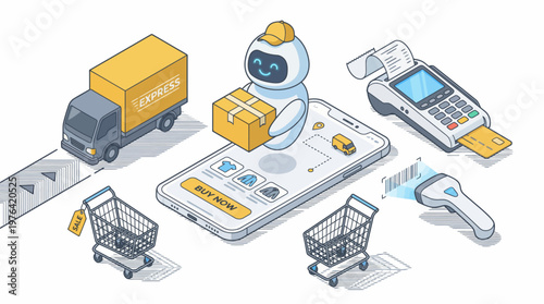 Robot delivering packages with smartphone shopping carts and payment terminal symbolizing modern e commerce and online shopping technology