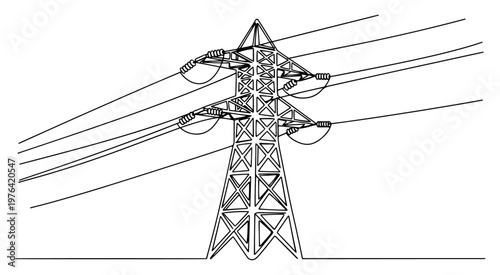 High voltage electricity pylon and power lines for energy distribution in minimalist single line style