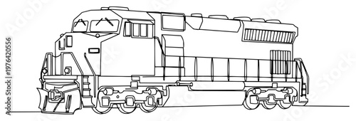 Heavy freight locomotive train engine for industrial railway transport in minimalist one line art style