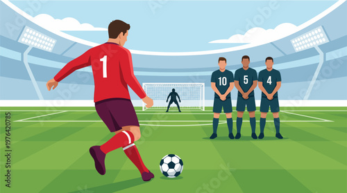 Soccer player kicking ball on green field with teammates watching in stadium