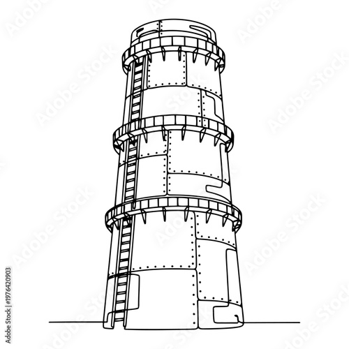 Industrial storage silo or reactor tower in minimalist one line drawing style