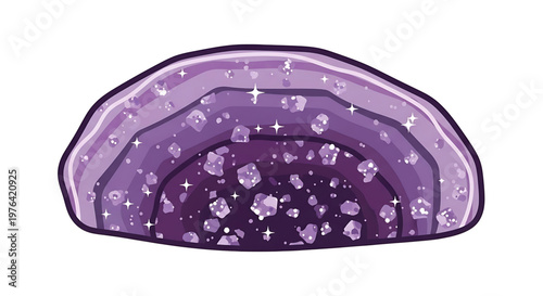 A vibrant purple amethyst geode illustration with sparkling crystals and stars on a white background