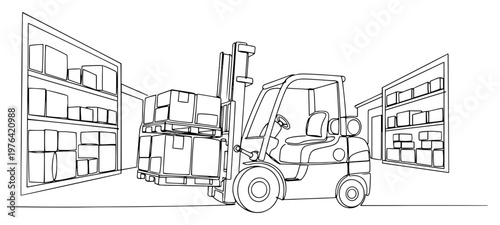 Continuous line drawing of a forklift truck moving boxes in an industrial warehouse
