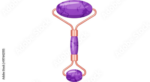 A vector graphic illustration of a purple amethyst facial roller with rose gold accents on a white background