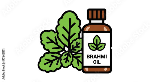 A vector graphic illustration of a brown bottle of Brahmi oil with green leaves