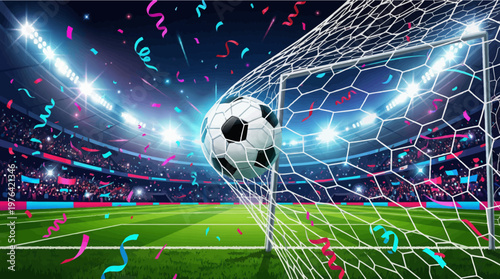 Soccer ball flying into goal net with confetti and lights in stadium