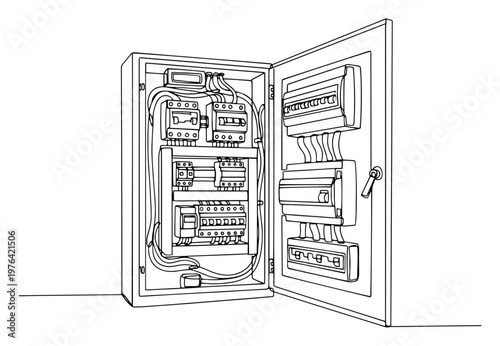 Open industrial electrical panel with circuit breakers and wiring in minimalist one line art