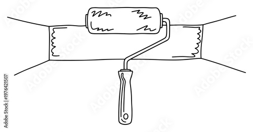 Paint roller tool applying paint to a wall in minimalist one line drawing style