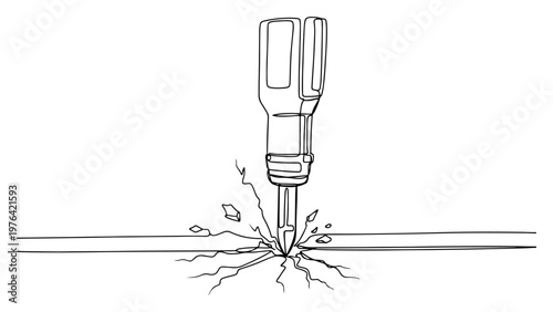 Jackhammer pneumatic drill bit breaking through concrete floor in minimalist continuous line drawing style