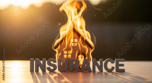 Burning house concept with insurance text on table