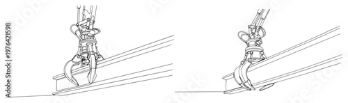 Industrial crane grapple lifting a heavy steel beam in minimalist single line art style
