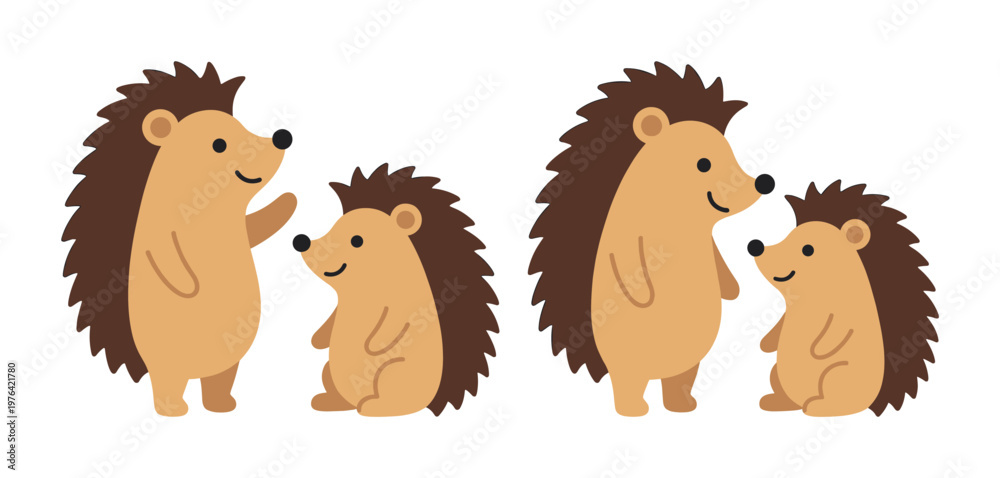 Obraz premium A charming set of cute hedgehog parent and child characters. Adorable flat vector illustrations for family, love, and nursery themes. Perfect for kid's design.