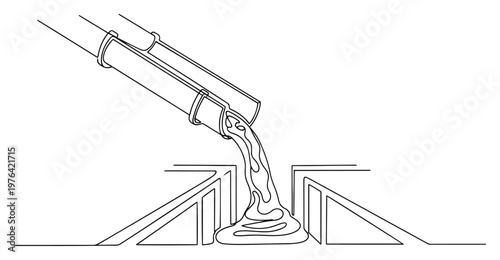 Concrete pouring from a pipe into a construction foundation in minimalist continuous line art