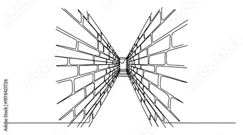 Perspective view of a narrow brick wall corridor in minimalist one line drawing style