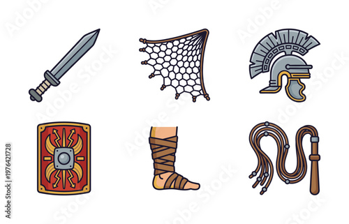 A set of Roman gladiator weapon and armor icons. Includes sword, net, helmet, and shield. Vector illustration for history, games, or educational projects.