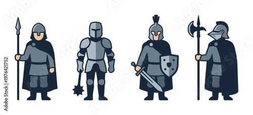 A set of four medieval knight warrior characters in armor with weapons. Vector icons for history, fantasy, or game design themes.
