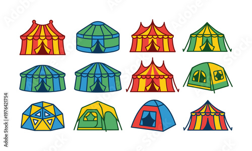A set of colorful tent vector icons including circus, camping, and yurt styles. Perfect for events, travel, festival designs, and children's illustrations.