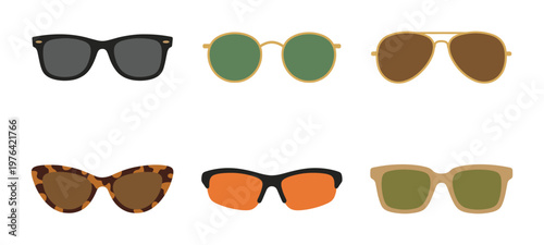 A vector collection of six stylish sunglasses. This set includes various fashion frames like aviator, cat eye, and wayfarer for summer or travel concepts.