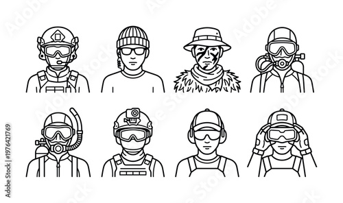 Set of eight professional avatars in line art style. Features military, special ops, diver, and tactical characters. Perfect for icons, profiles, and design projects.
