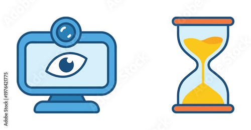 Vector icon set with computer screen monitoring via webcam and a sand hourglass. Represents limited time, deadlines, surveillance, and online proctoring concepts.