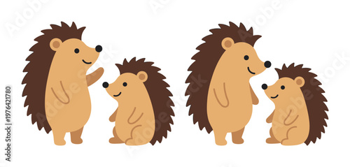 A charming set of cute hedgehog parent and child characters. Adorable flat vector illustrations for family, love, and nursery themes. Perfect for kid's design.