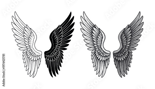 A set of hand-drawn angel wings in vintage engraving and graphic styles. Ideal for tattoos, logos, emblems, and spiritual or fantasy-themed design projects.