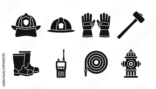 A professional set of black firefighter equipment icons. Includes helmet, gloves, hose, and hydrant for emergency service design and infographics.